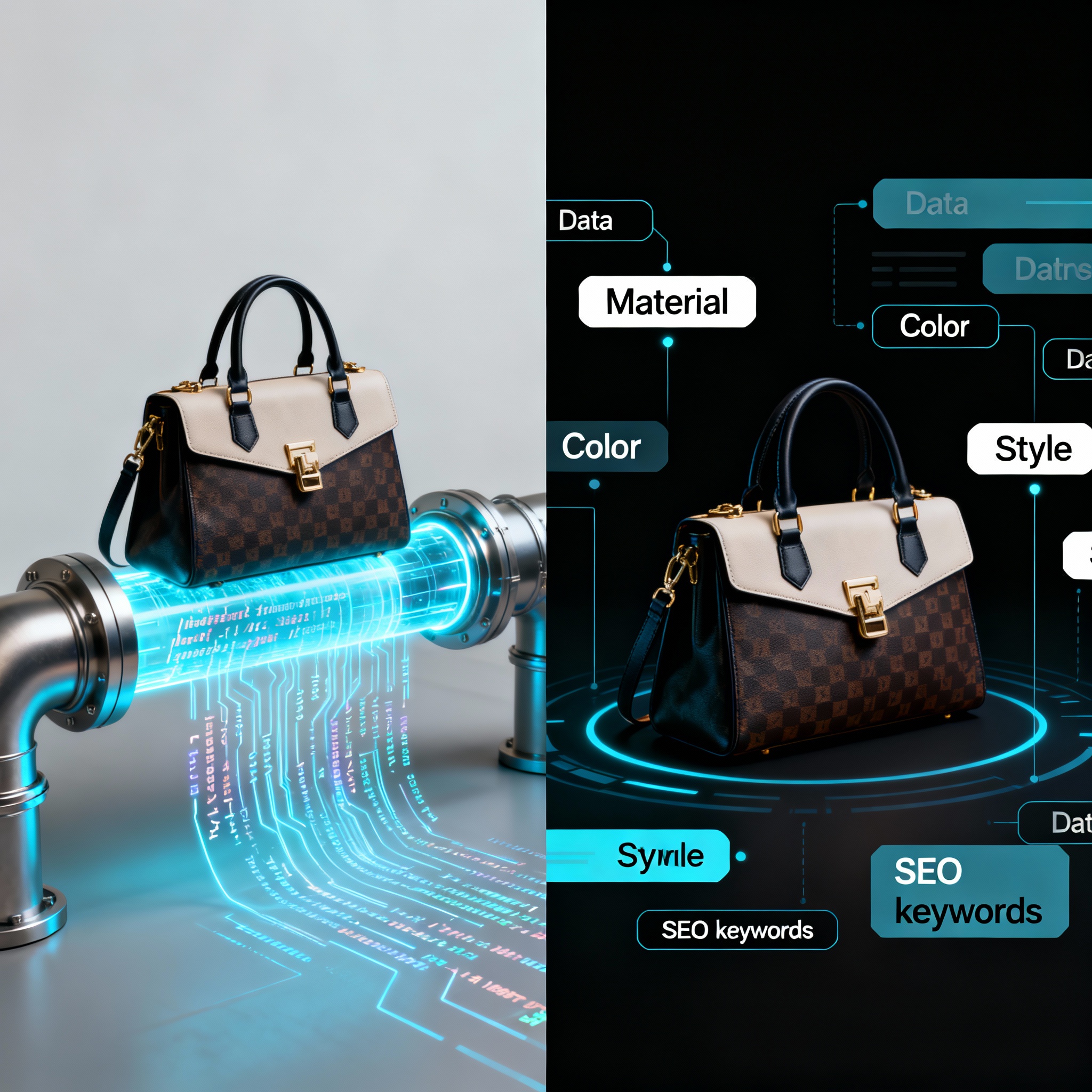 Visuelle Darstellung der KI-gesteuerten Bildanalyse, die Produktmerkmale und SEO-Keywords extrahiert